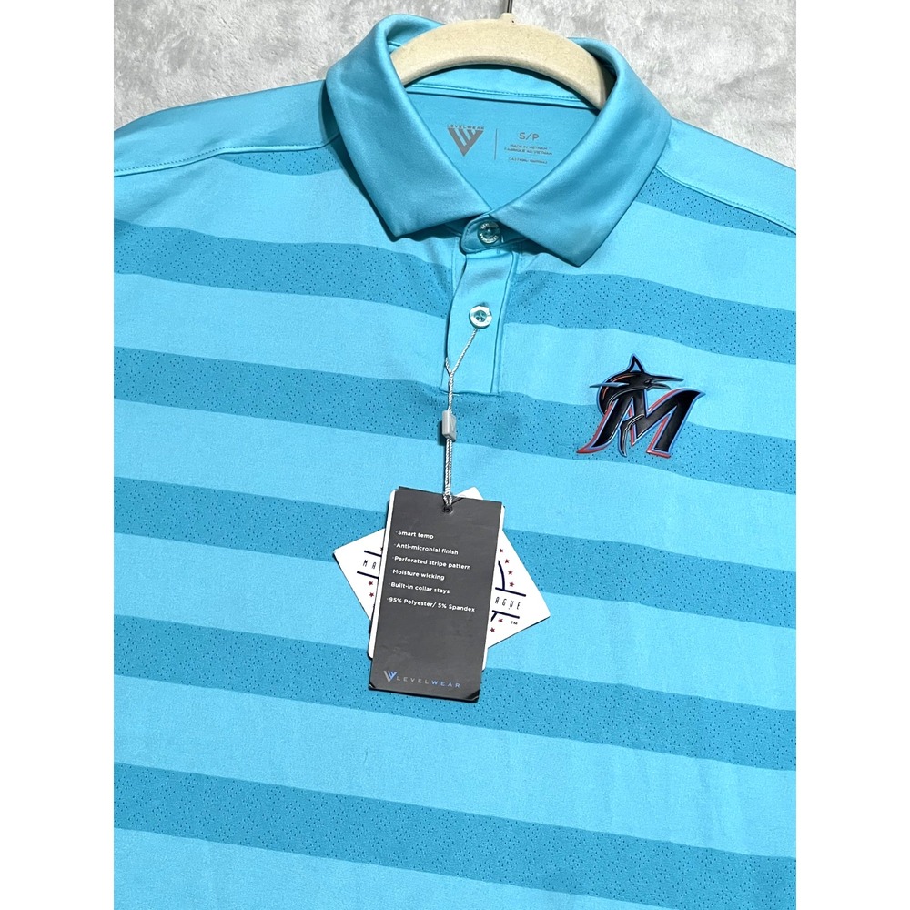 Miami Marlins Polo Levelwear Men's Small Blue Striped Golf Shirt MLB‎ NWT
